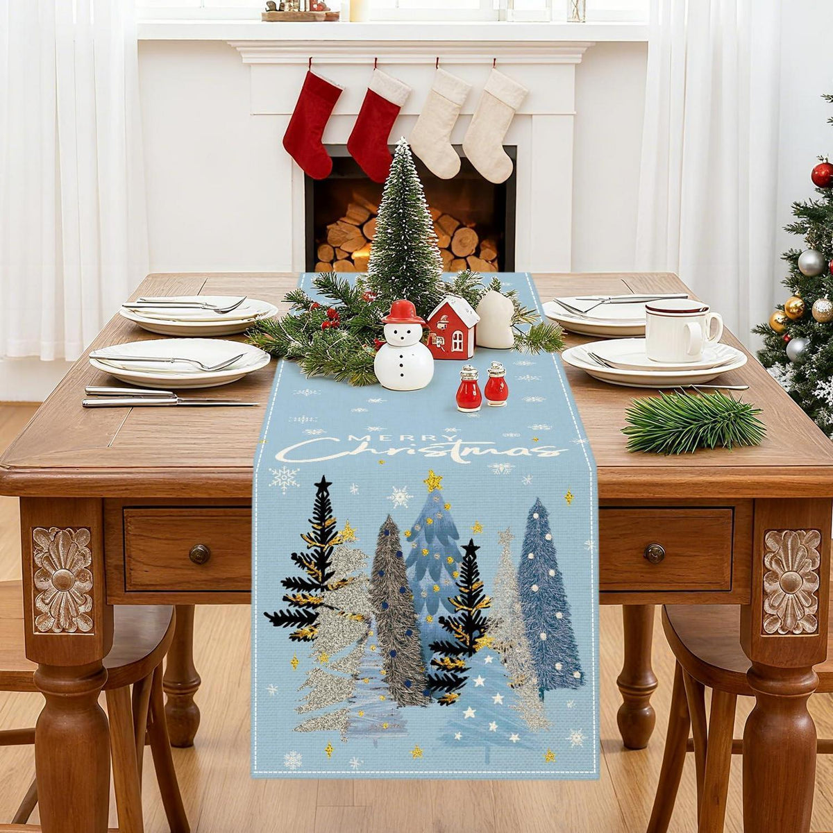 Tischläufer Weihnachten Hellblau 40x140 cm Polyester Leinen