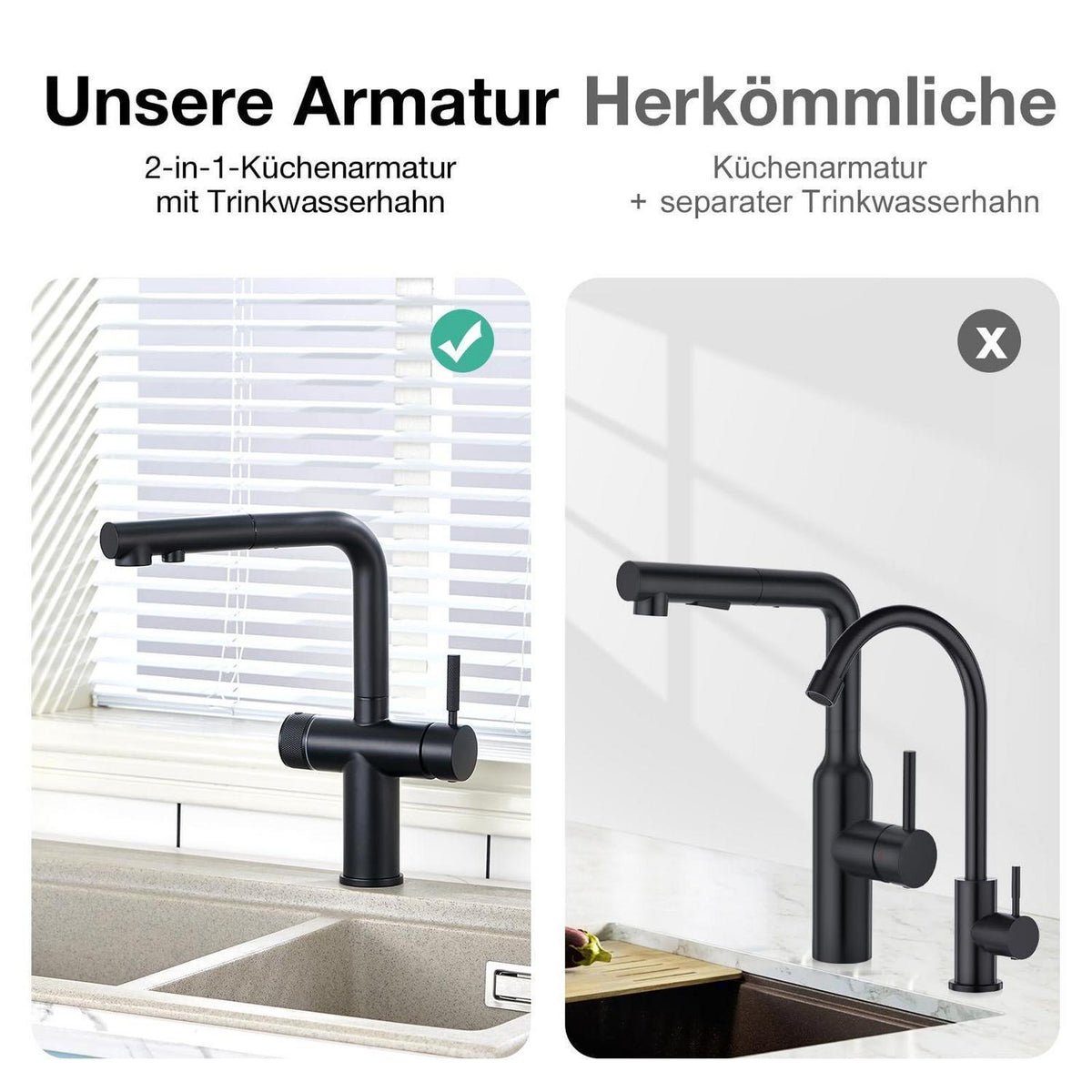 3-Wege Küchenarmatur mit Brause, Schwarz, Ausziehbar