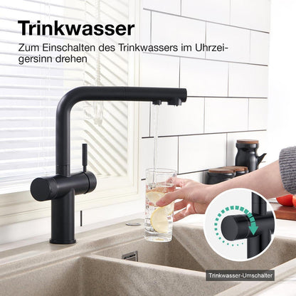 3-Wege Küchenarmatur mit Brause, Schwarz, Ausziehbar