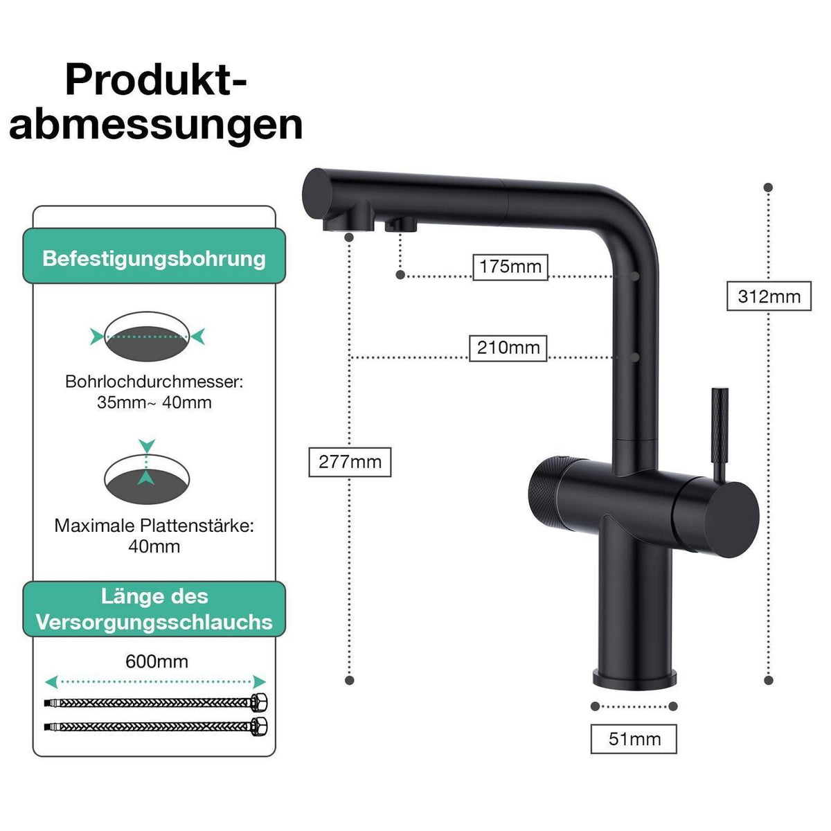 3-Wege Küchenarmatur mit Brause, Schwarz, Ausziehbar