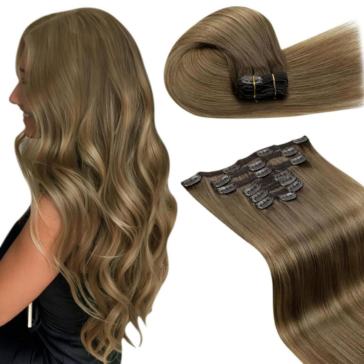 Echthaar Clip-Ins 60cm Hellbraun mit Highlights