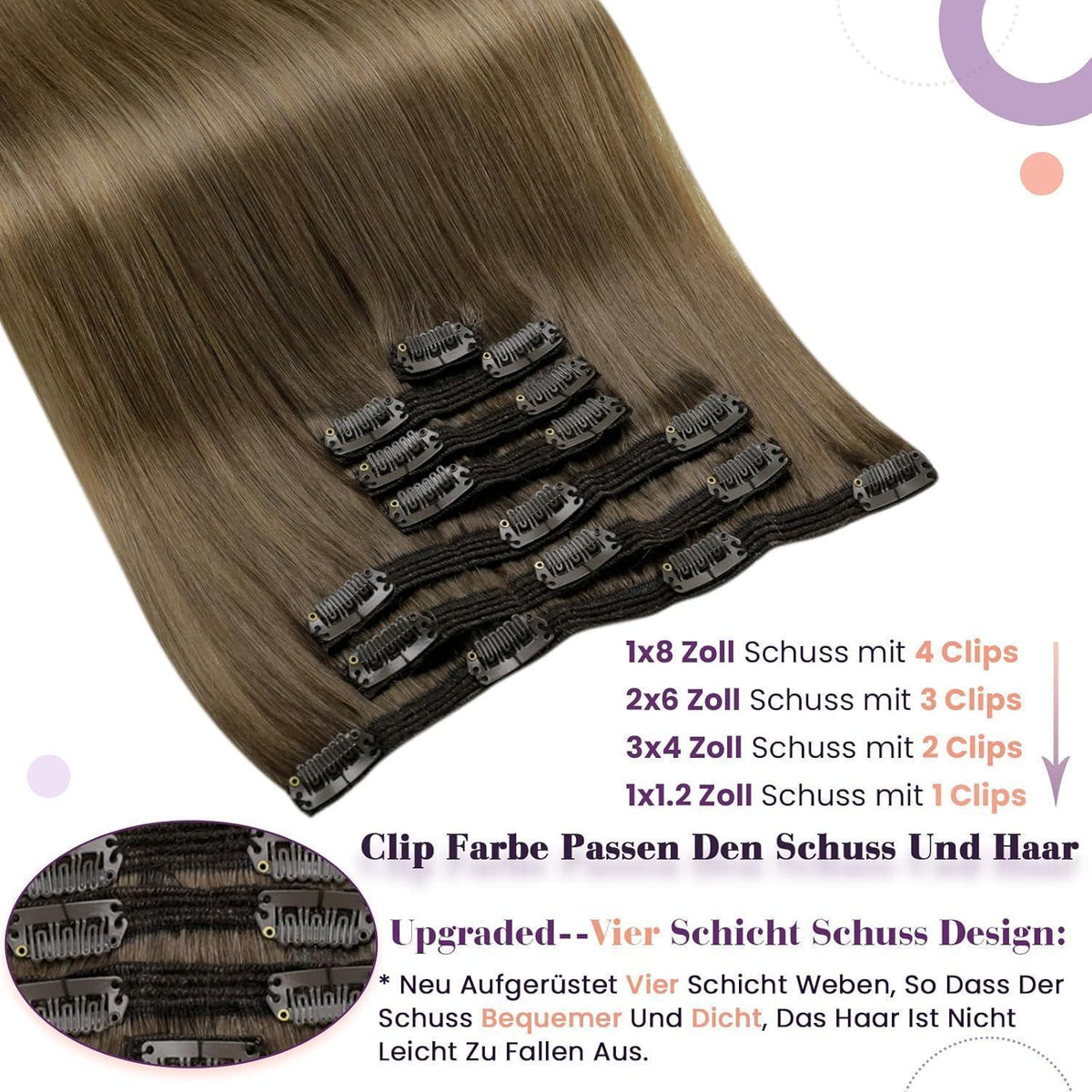 Echthaar Clip-Ins 60cm Hellbraun mit Highlights
