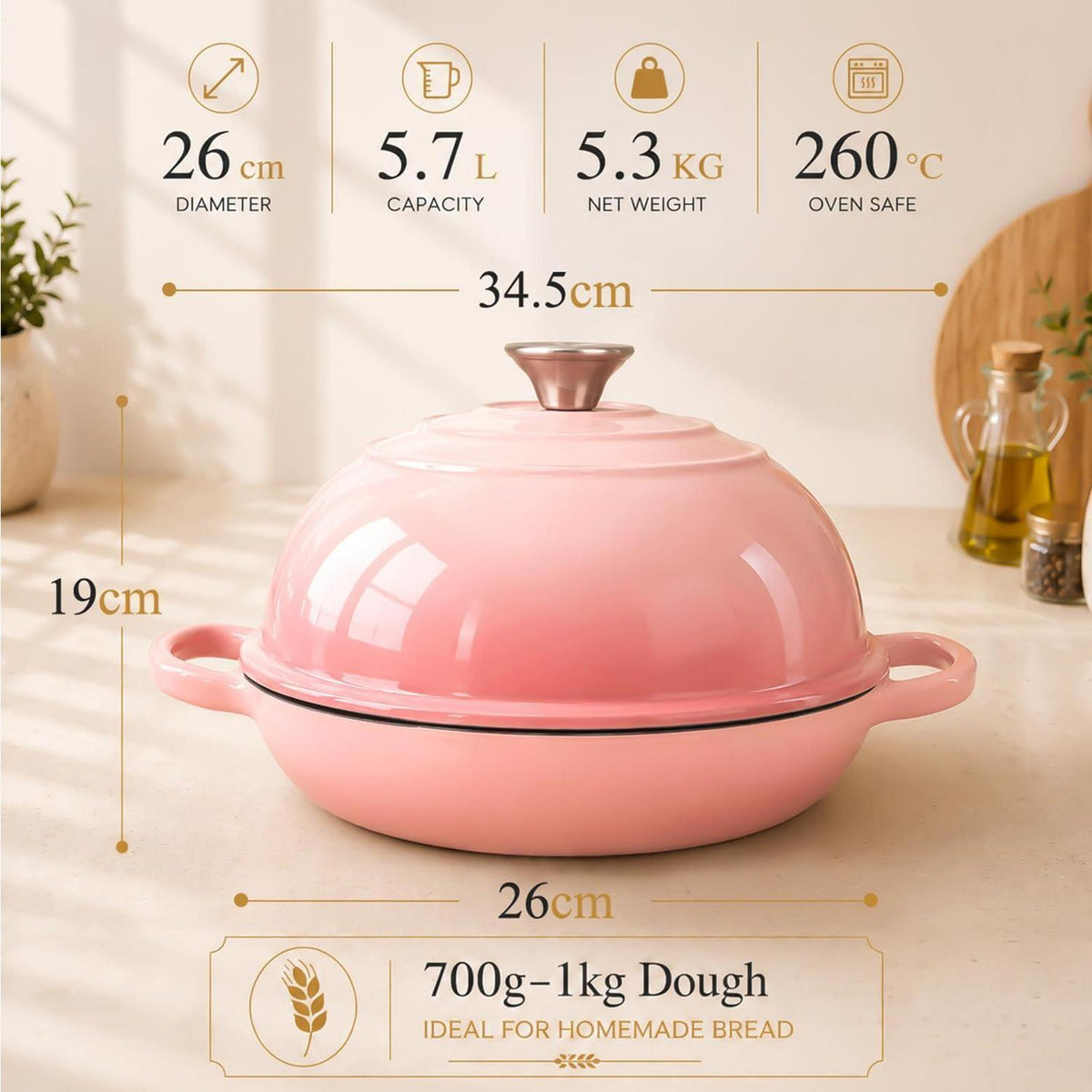Gusseisen Dutch Oven Rosa | 5,7L Brotbacktopf mit Zubehör