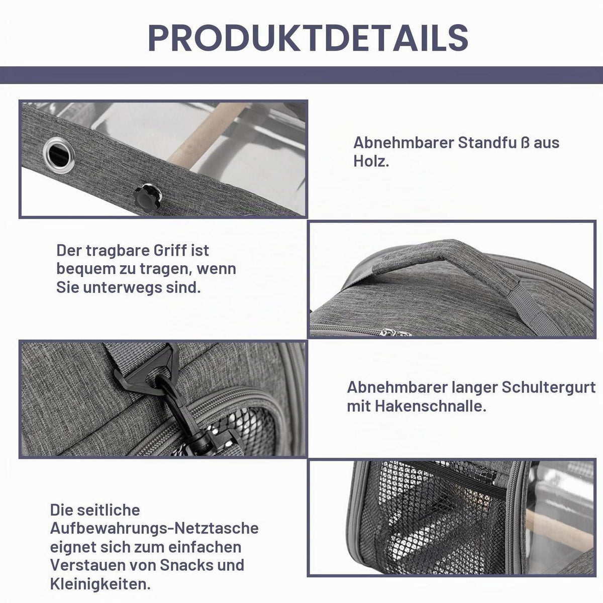 Vogel Transporttasche mit Stehstange & Tablett (Grau)