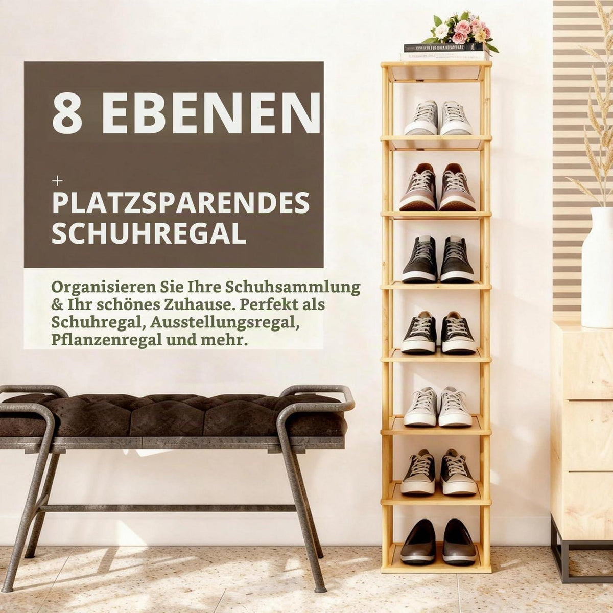 Bambus Schuhregal 8 Etagen – Vertikaler Schuh-Organizer für kleine Räume