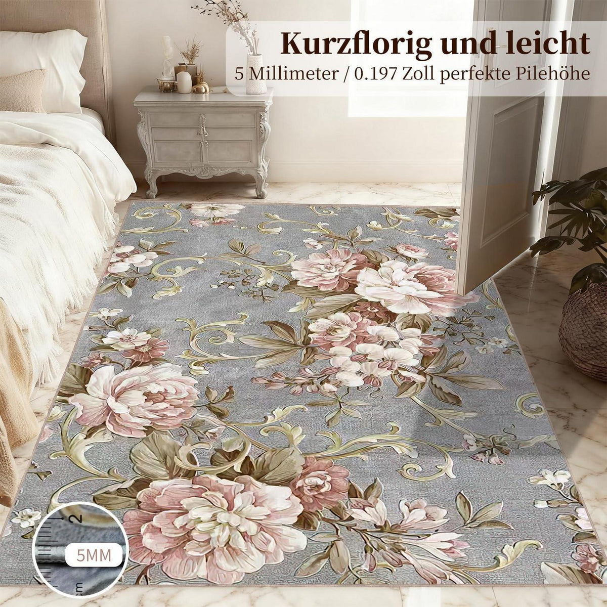 Waschbarer Boho Teppich Rosa Blumen 120x180cm