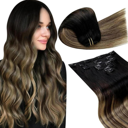 Echthaar Clip-In Extensions Balayage Schwarz Ombre Braun 55cm
