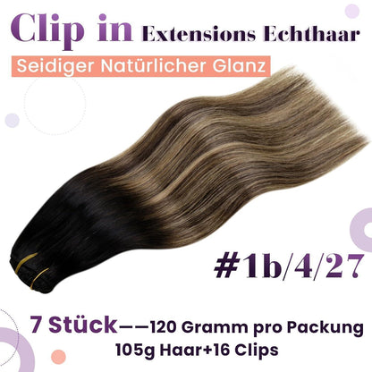 Echthaar Clip-In Extensions Balayage Schwarz Ombre Braun 55cm