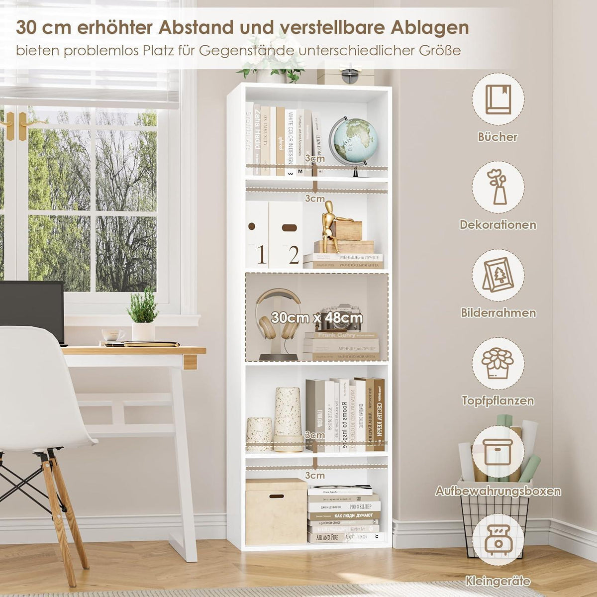 5-Fächers Bücherregal weiß – Modernes Standregal 159cm