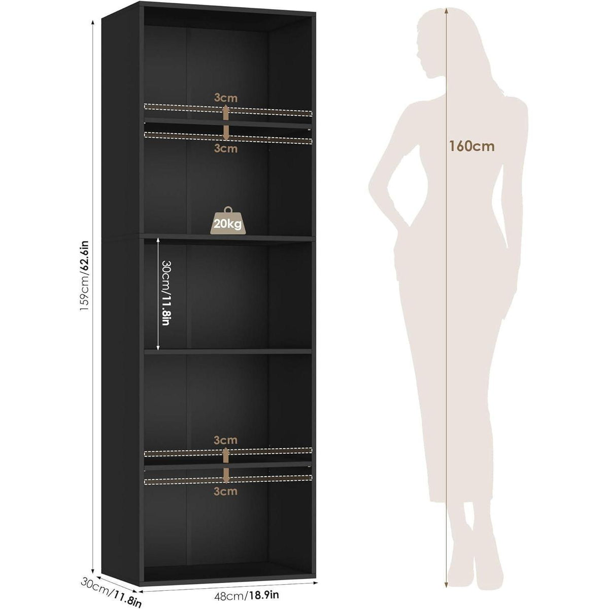 5-Fächers Bücherregal Schwarz – Modernes Standregal 159cm