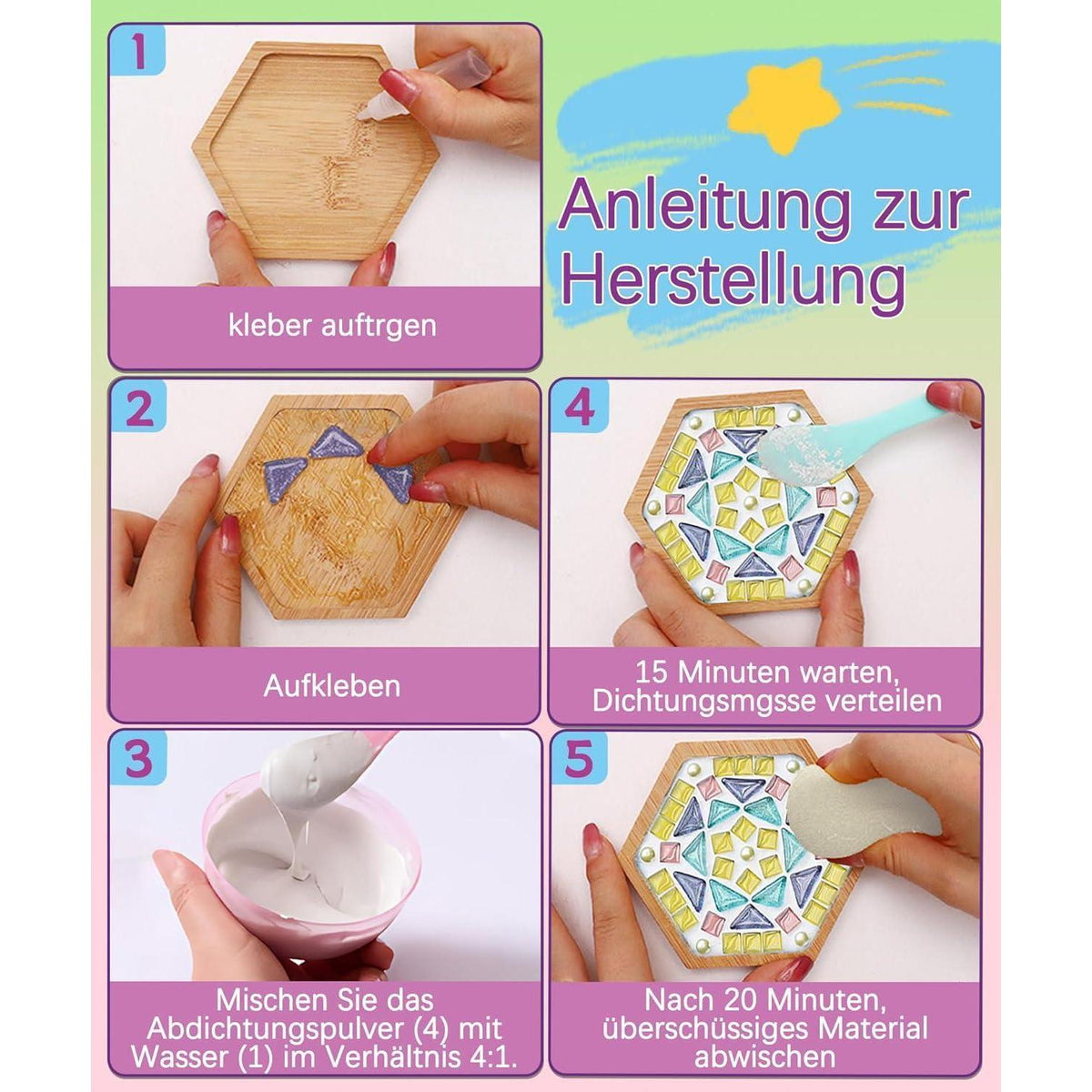 Mosaik Bastelset Kinder – 16pcs Untersetzer DIY Set