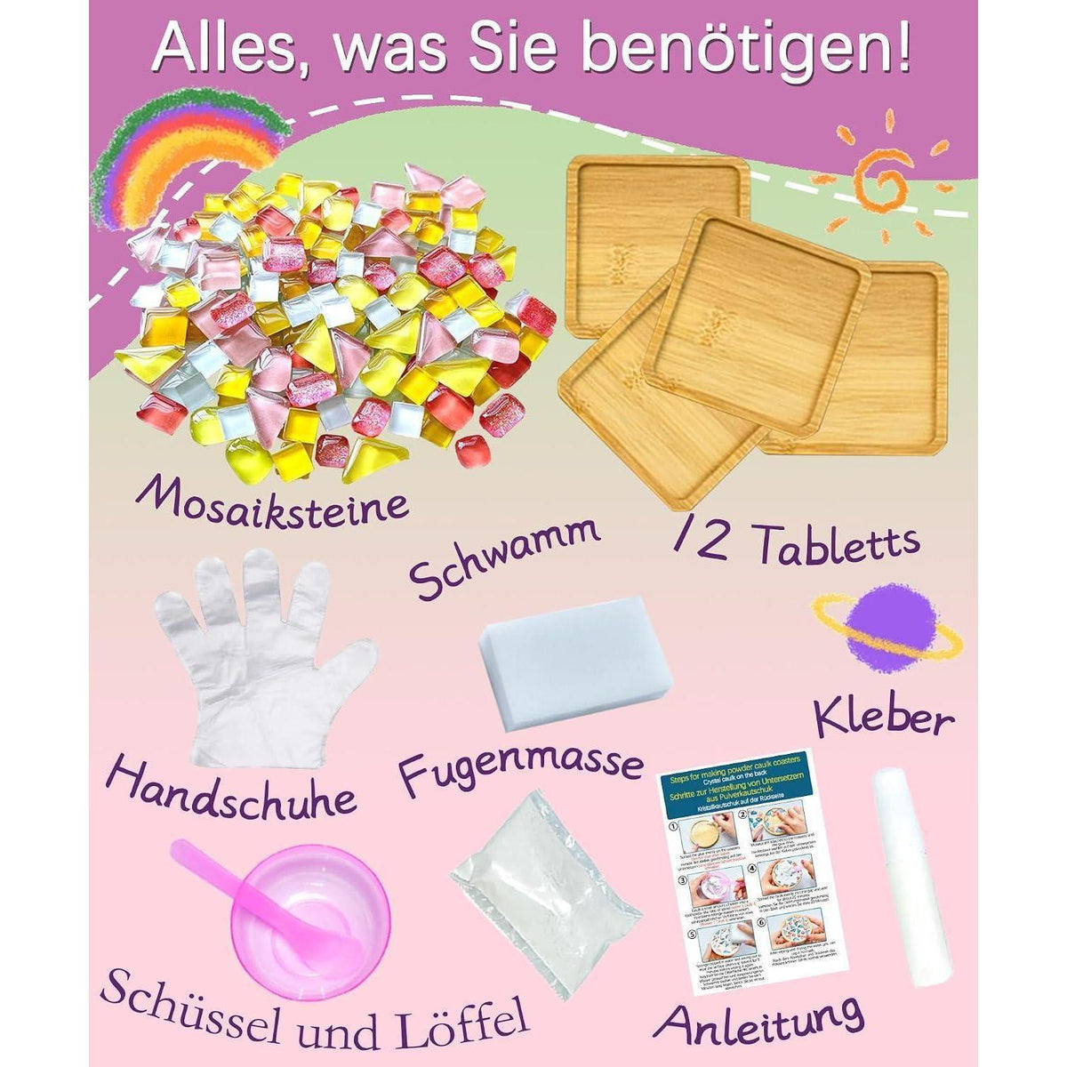 Mosaik Bastelset Kinder – 12 Untersetzer DIY Geschenk