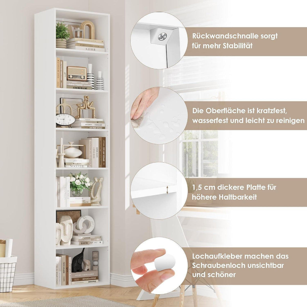 7-Fächriges Bücherregal weiß – 220 cm hoch, modernes Standregal