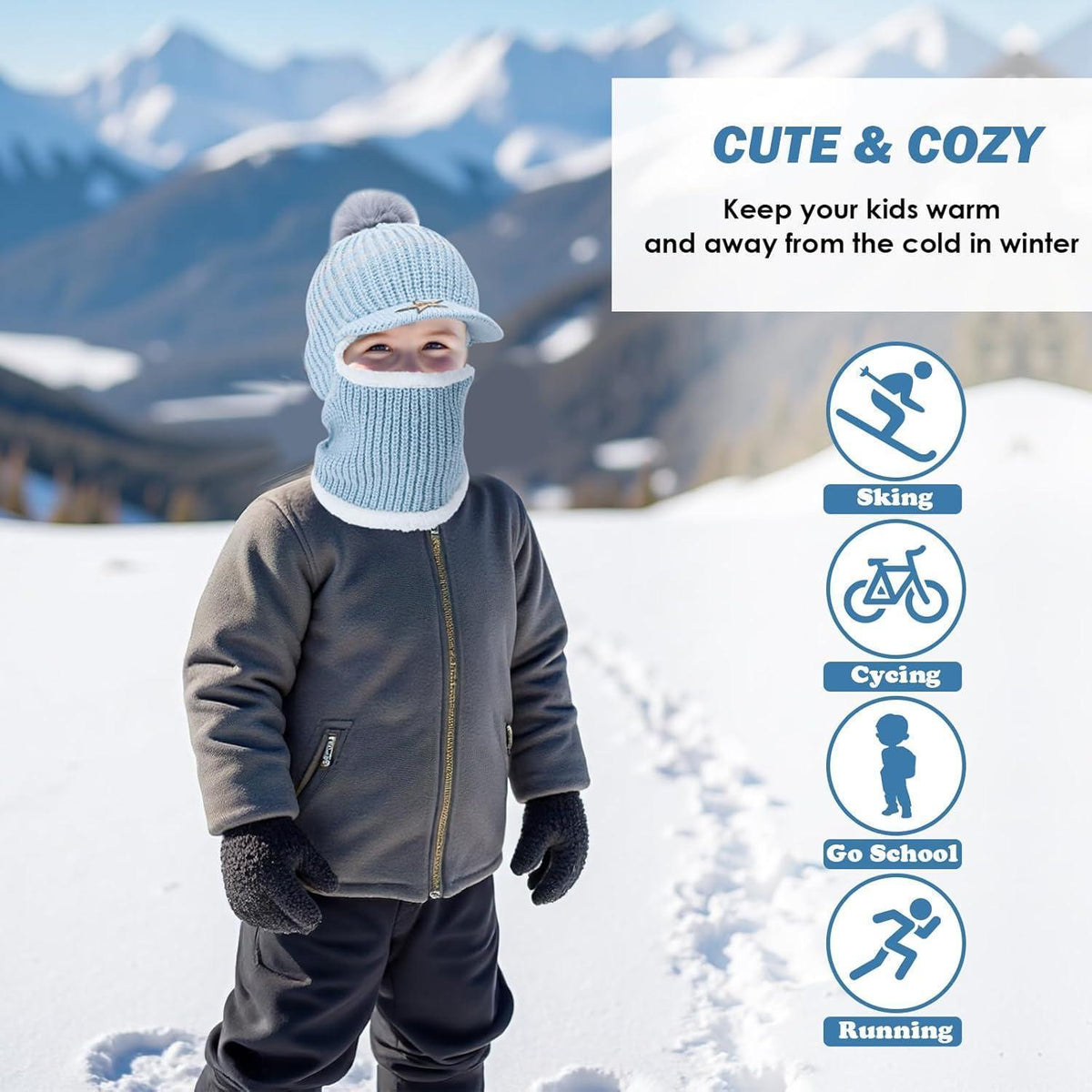 Kinder Wintermütze Set mit Schal & Sturmhaube – Blau