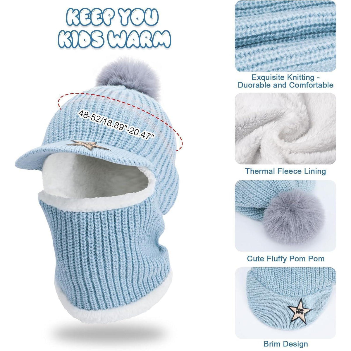 Kinder Wintermütze Set mit Schal & Sturmhaube – Blau