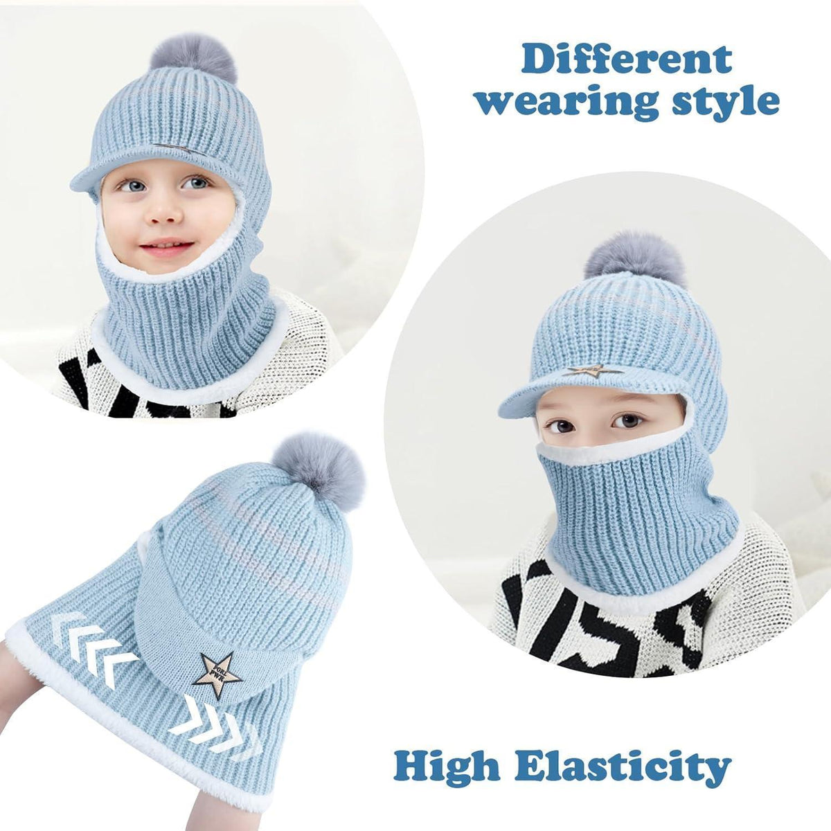 Kinder Wintermütze Set mit Schal & Sturmhaube – Blau