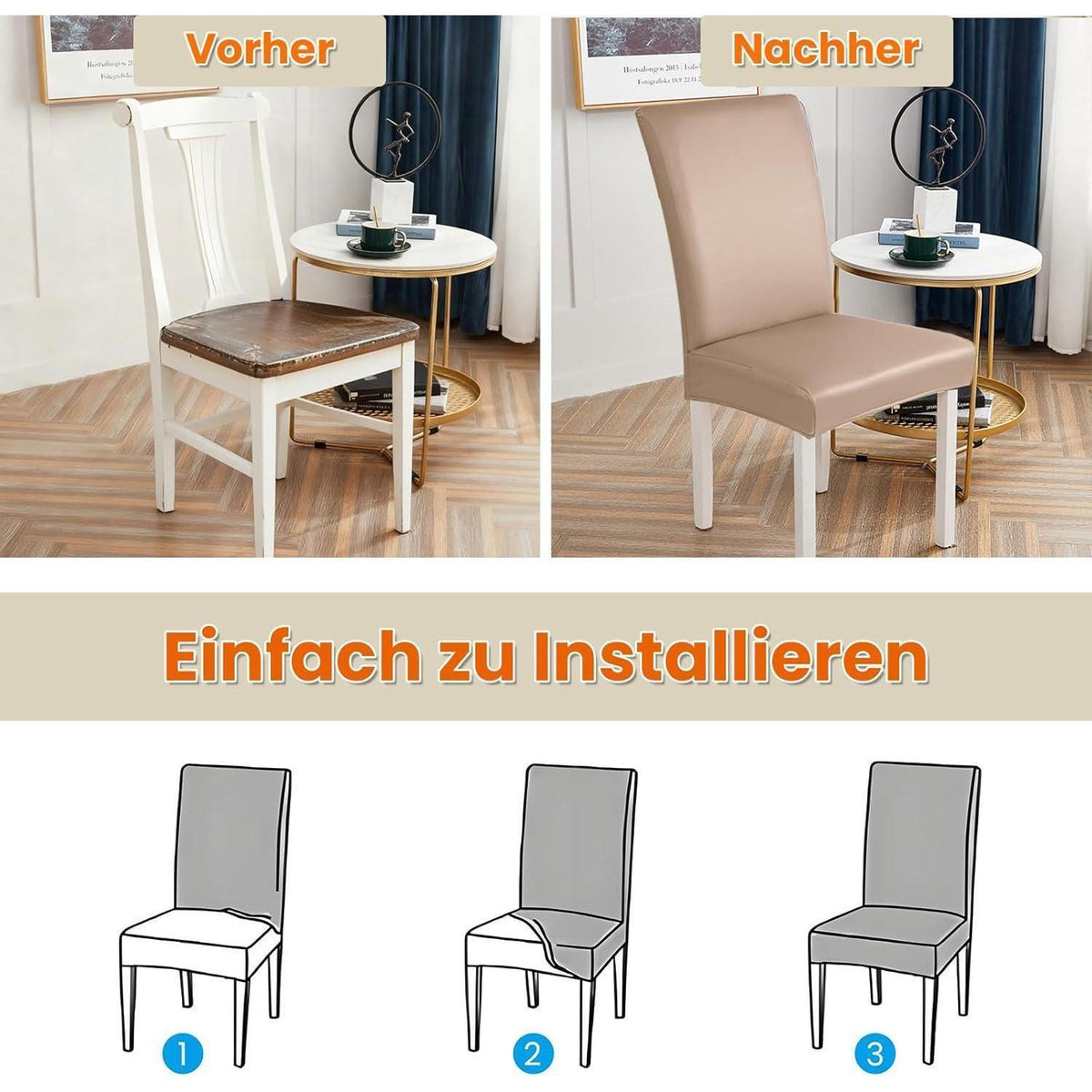 PU Stuhlhülsen 6er Set – Wasserdicht & Elastisch (Khaki)