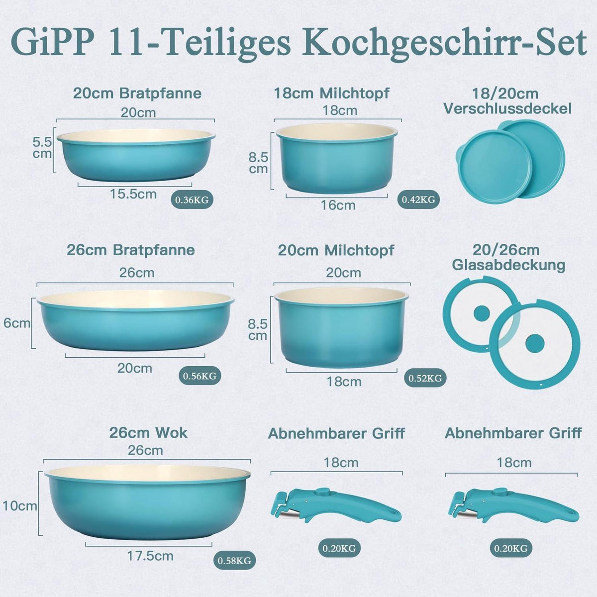 11-teiliges Topfset mit abnehmbarem Griff & Induktionsboden
