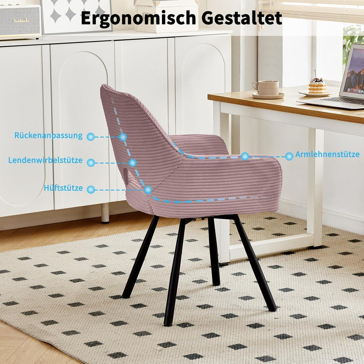 Drehbarer Esszimmerstuhl mit Armlehnen, Rosa – 6er Set