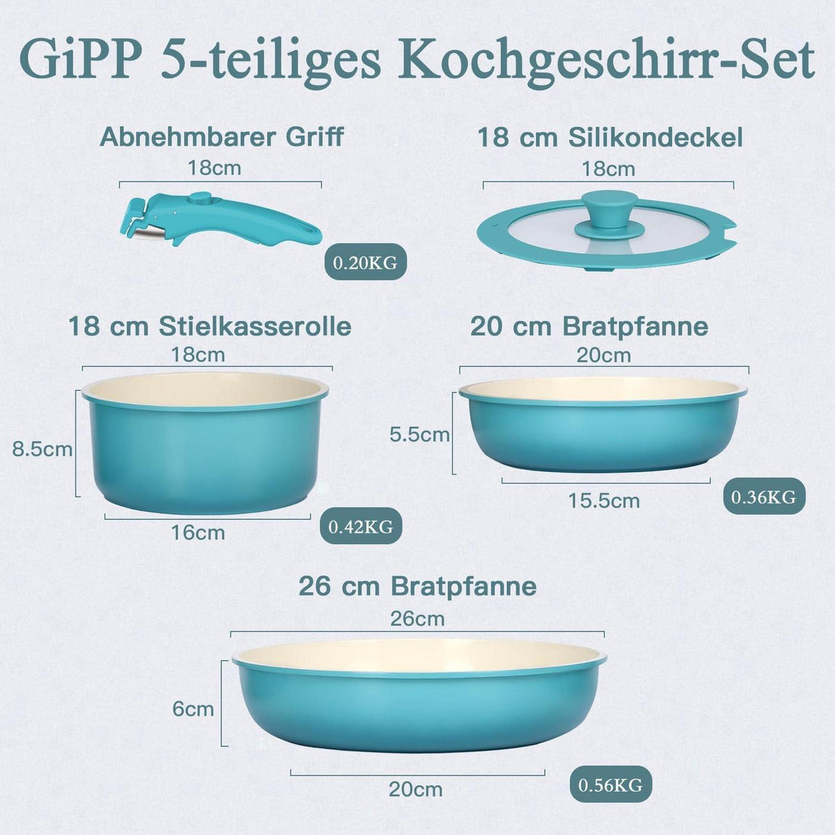 5-teiliges Topf- & Pfannenset mit abnehmbarem Griff – Induktion Blauverlauf
