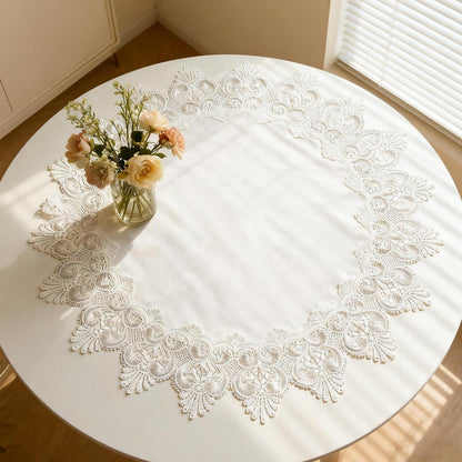 Runder Leinentischläufer Beige Blumenmuster 60cm - Rustikale Tischdeko