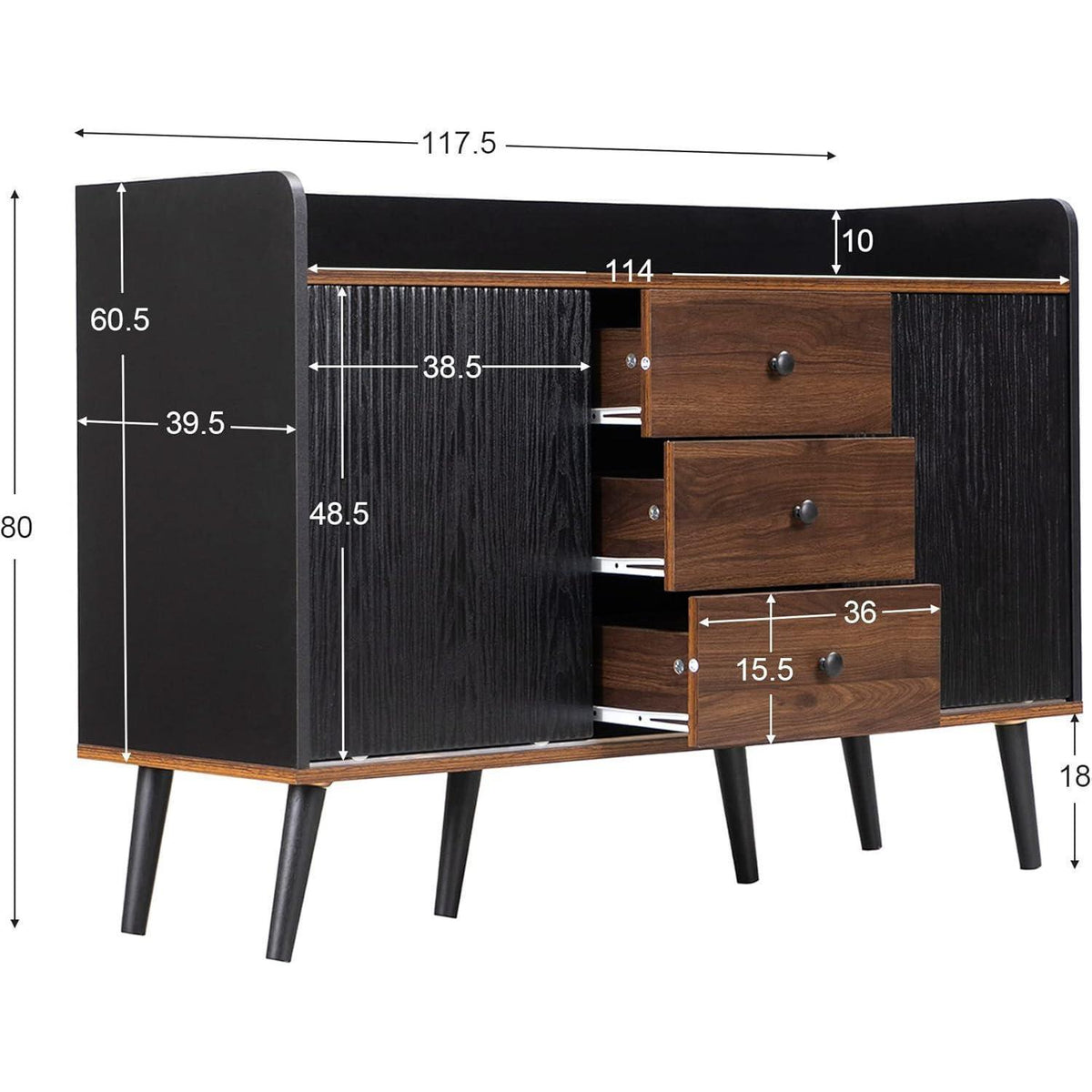 Schiebetüren Kommode Schwarz | Wohnzimmer Sideboard mit 3 Schubladen