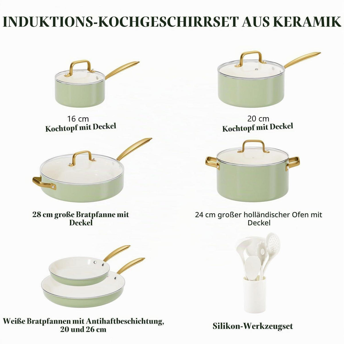 Induktions Kochgeschirr Set mit Antihaftbeschichtung & Kochutensilien