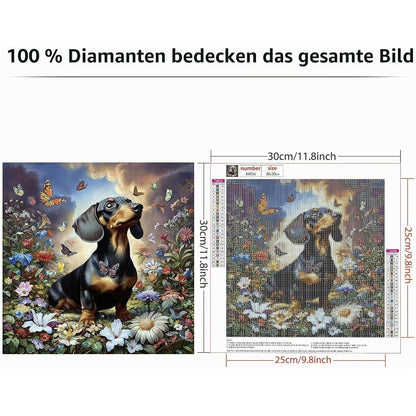 Dackel Diamond Painting 5D – Blumengarten Bild für Erwachsene