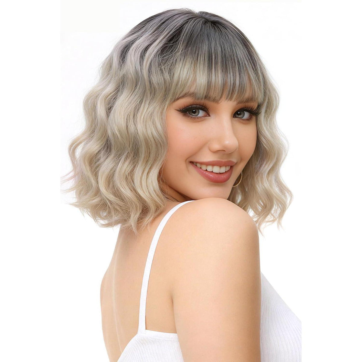 Ombre Blonde Bob Perücke mit Pony – Lockig, Schulterlang