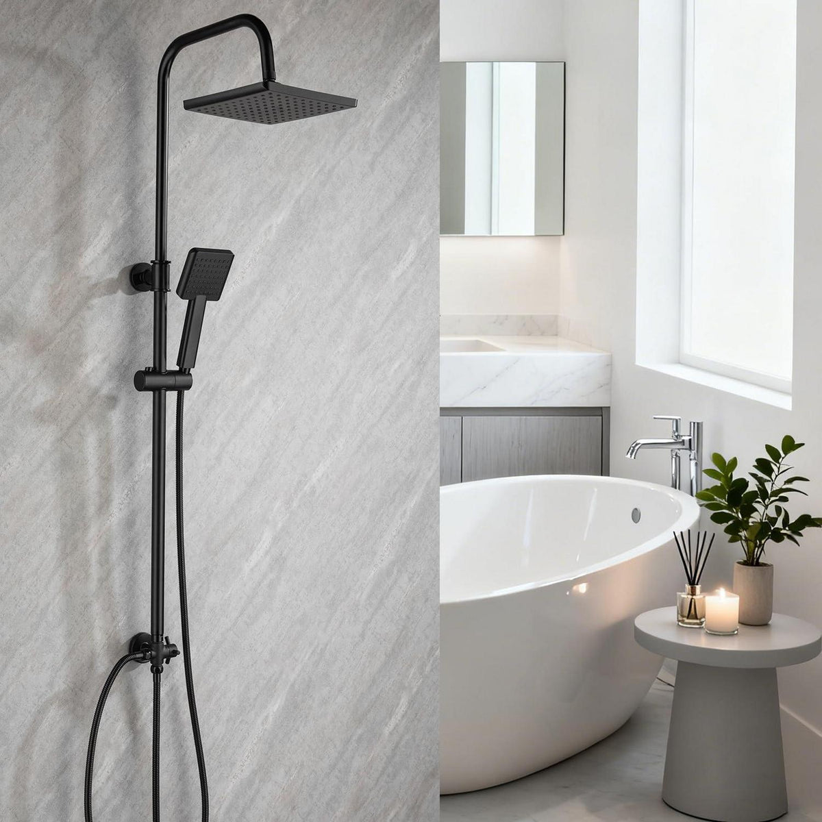 Regendusche Set Schwarz Eckig, Höhenverstellbar 79-128cm