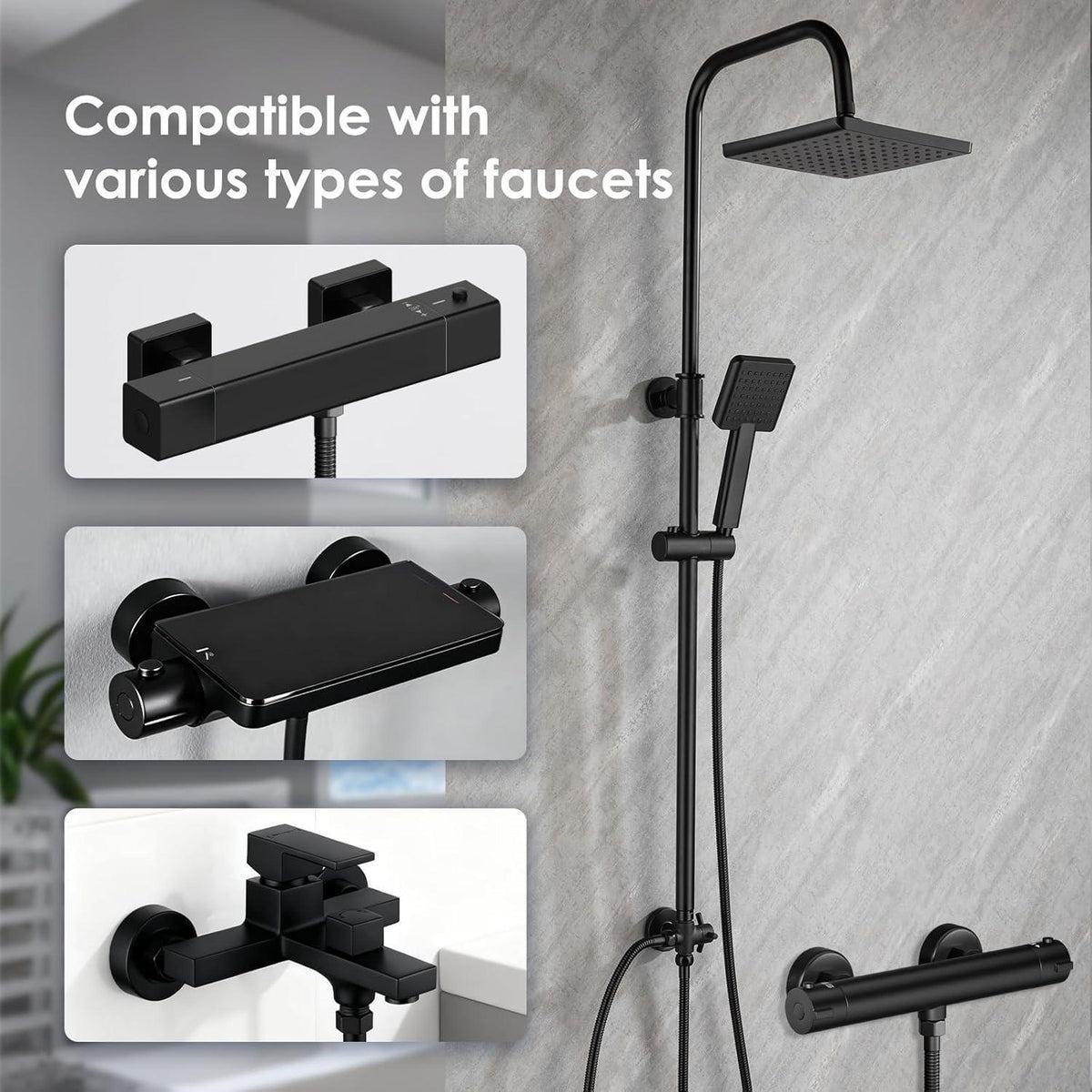Regendusche Set Schwarz Eckig, Höhenverstellbar 79-128cm