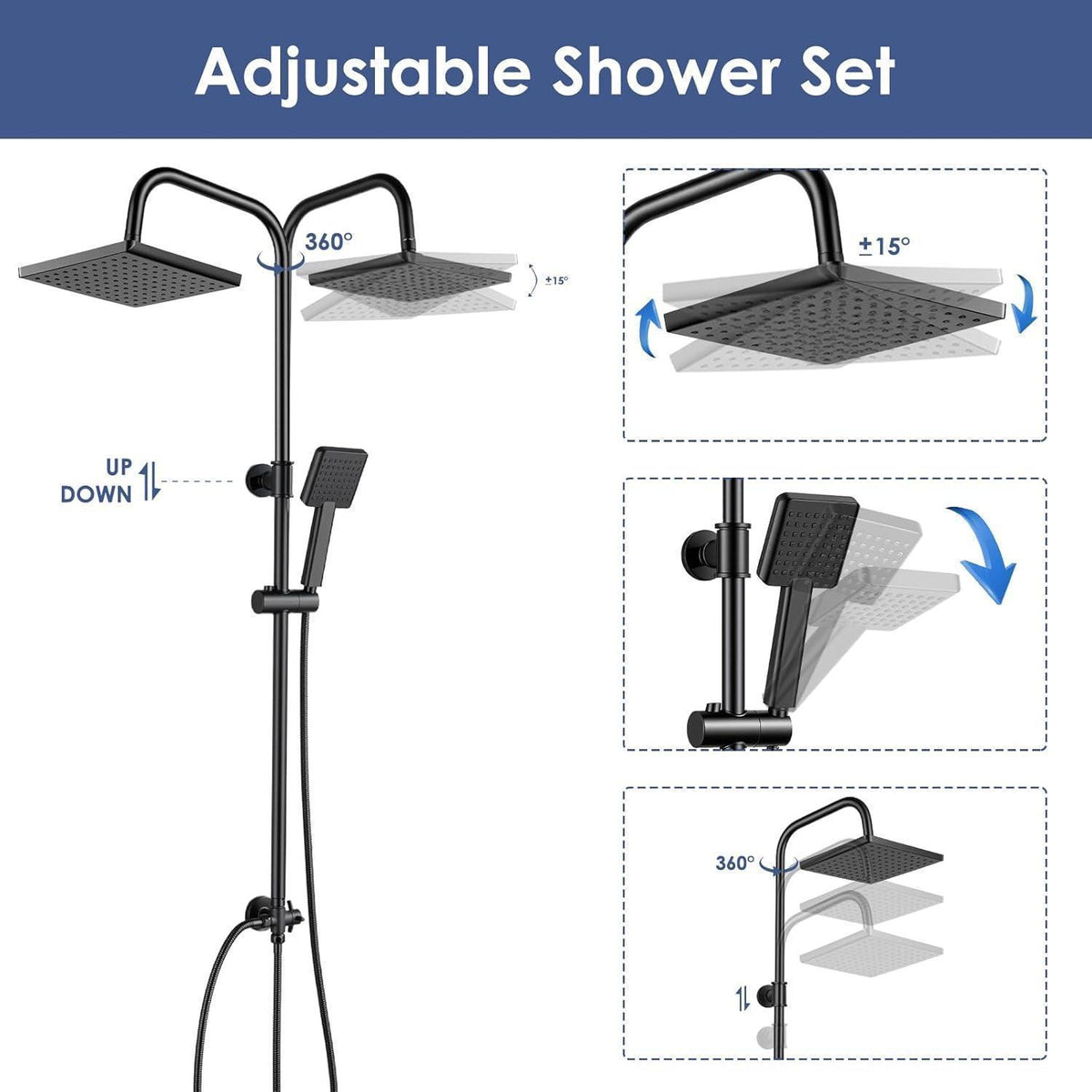 Regendusche Set Schwarz Eckig, Höhenverstellbar 79-128cm