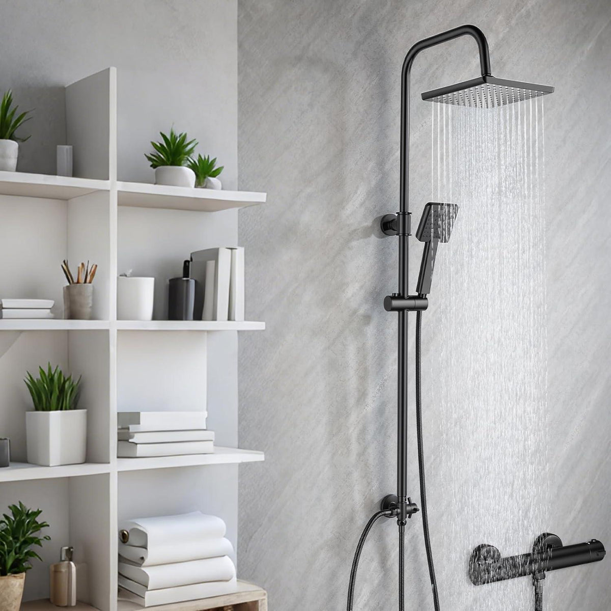 Regendusche Set Schwarz Eckig, Höhenverstellbar 79-128cm