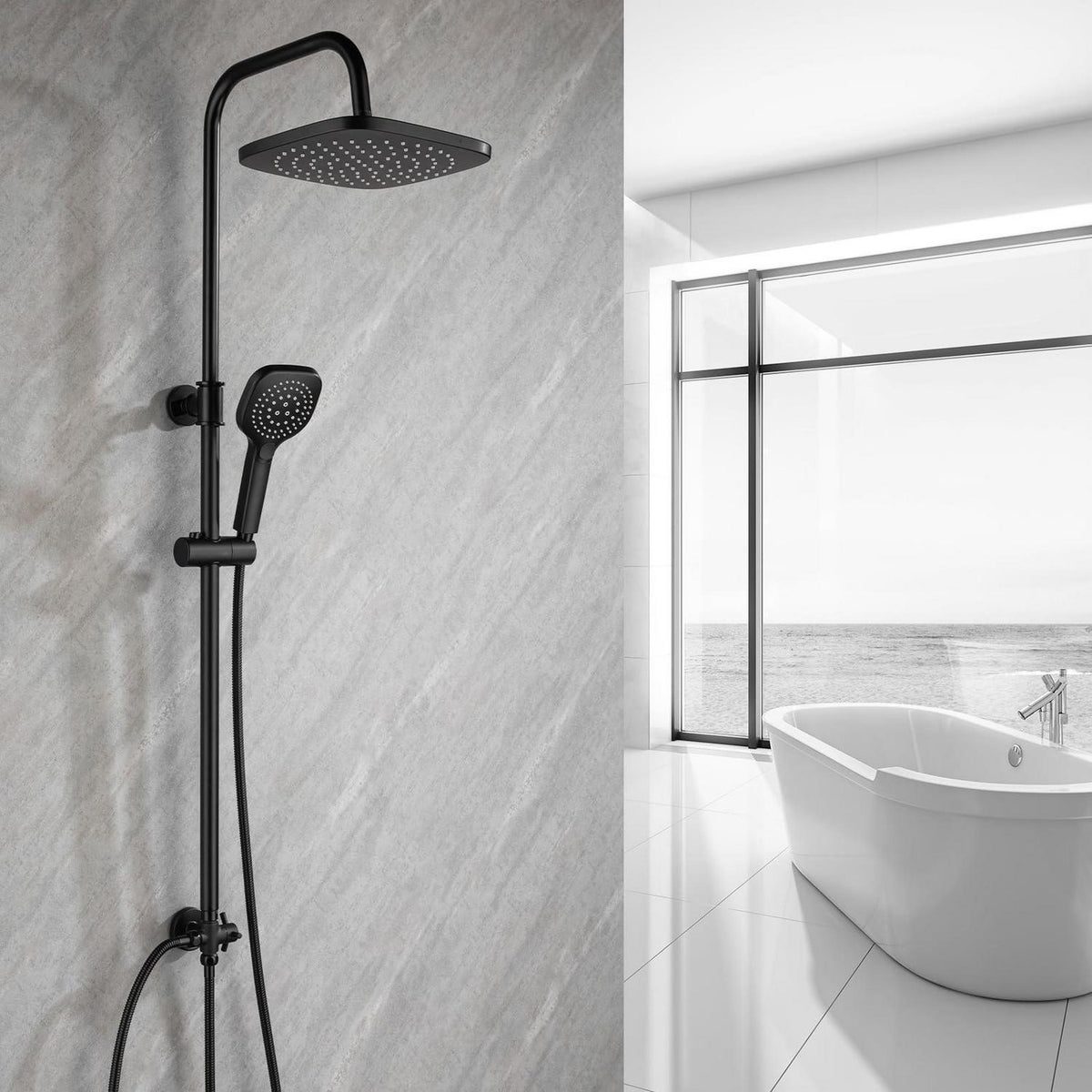 Regendusche Set Matt Schwarz, Höhenverstellbar 79-128cm