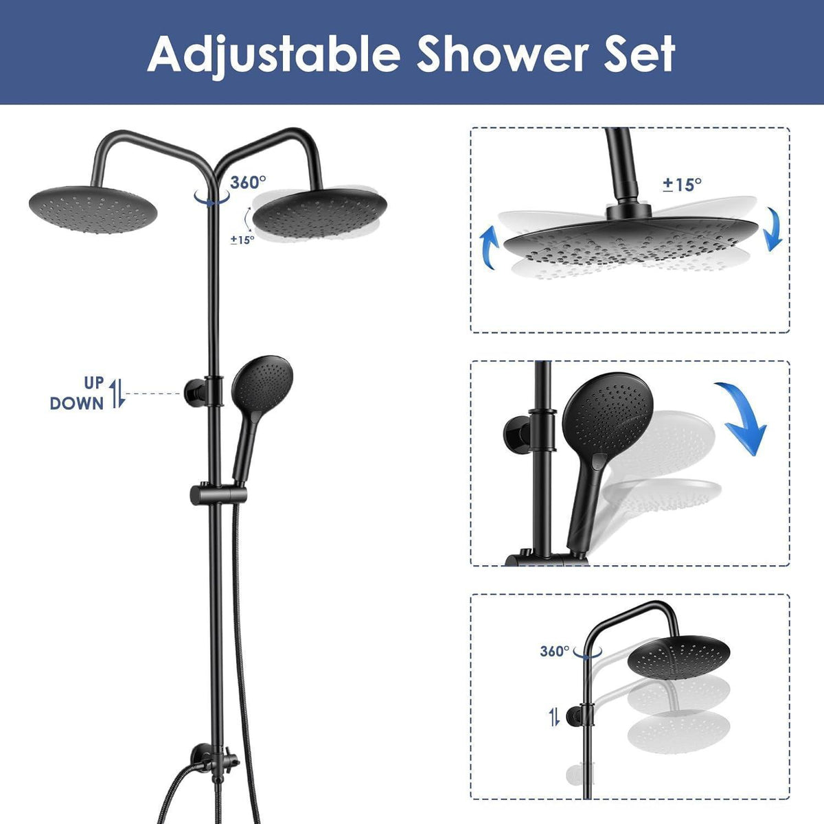 Regendusche Set Matt Schwarz, Höhenverstellbar 79-128cm