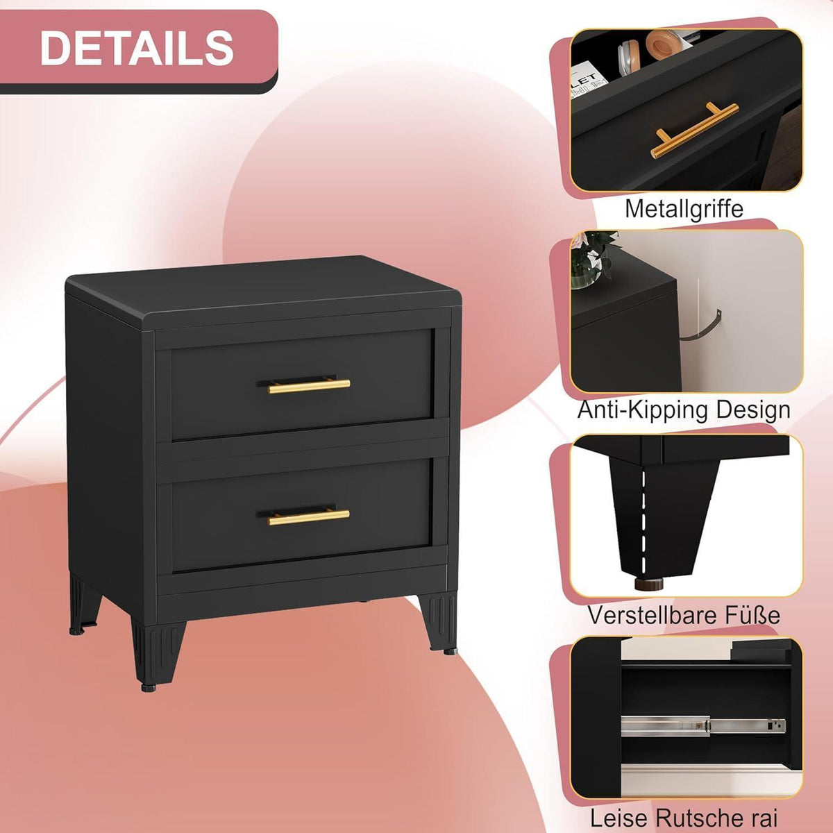 Metallkommode 2 Schubladen Schwarz – Schrank für Schlafzimmer & Flur