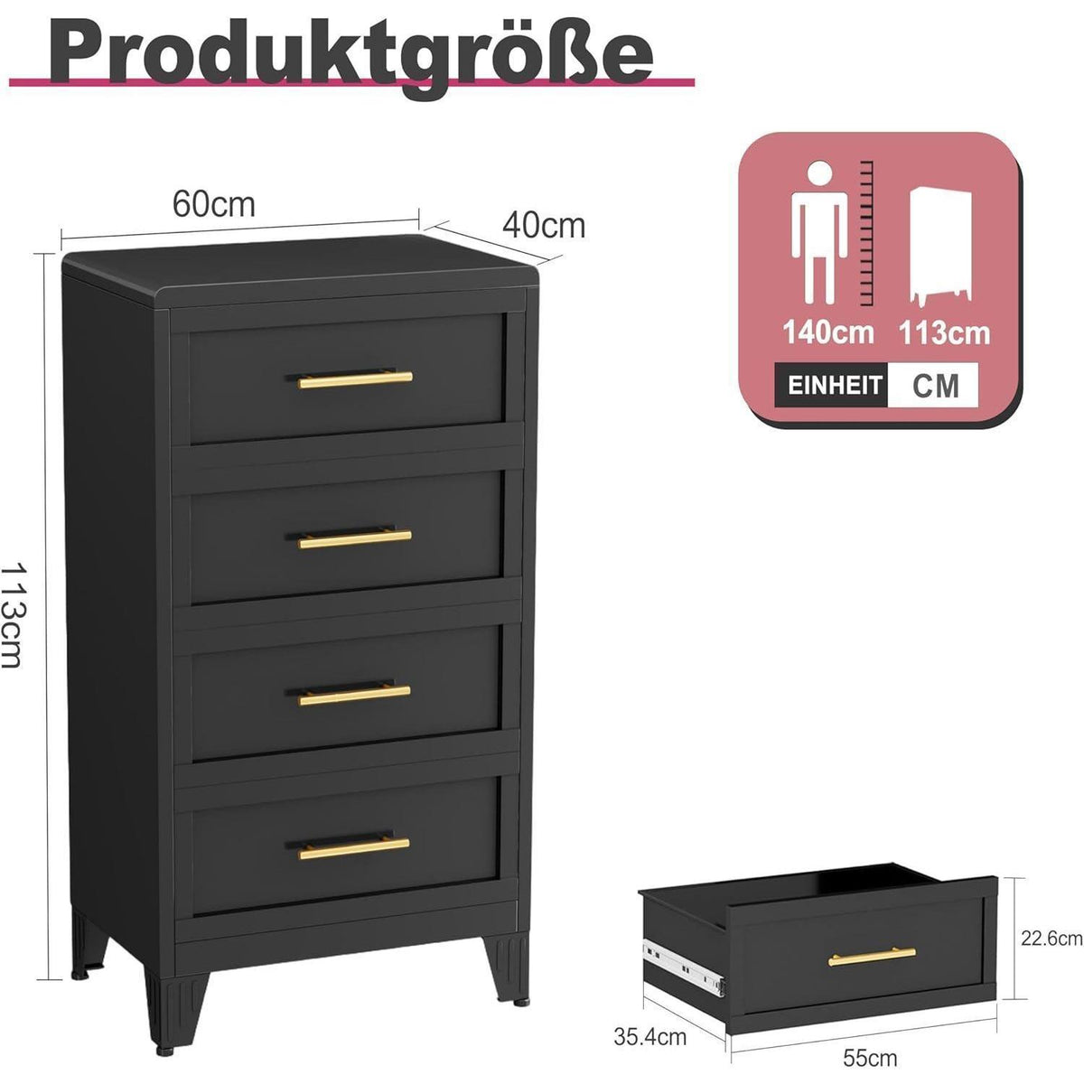 4 Schubladen Metall Datei Schrank - Schwarz, 60x113cm