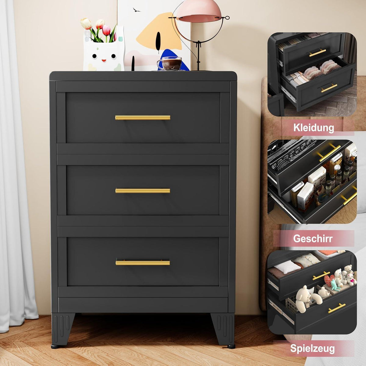 Metall Kommode mit 3 Schubladen – 90cm Schwarz