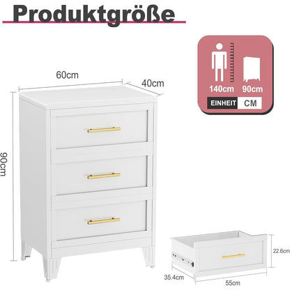 90cm Hoche Kommode Weiß – 3 Schubladen, Metall, Schlafzimmer & Büro