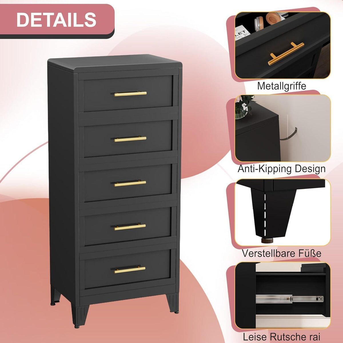 Hoche Kommode 135cm | 5 Schubladen, Schwarz | Multifunktions-Schrank