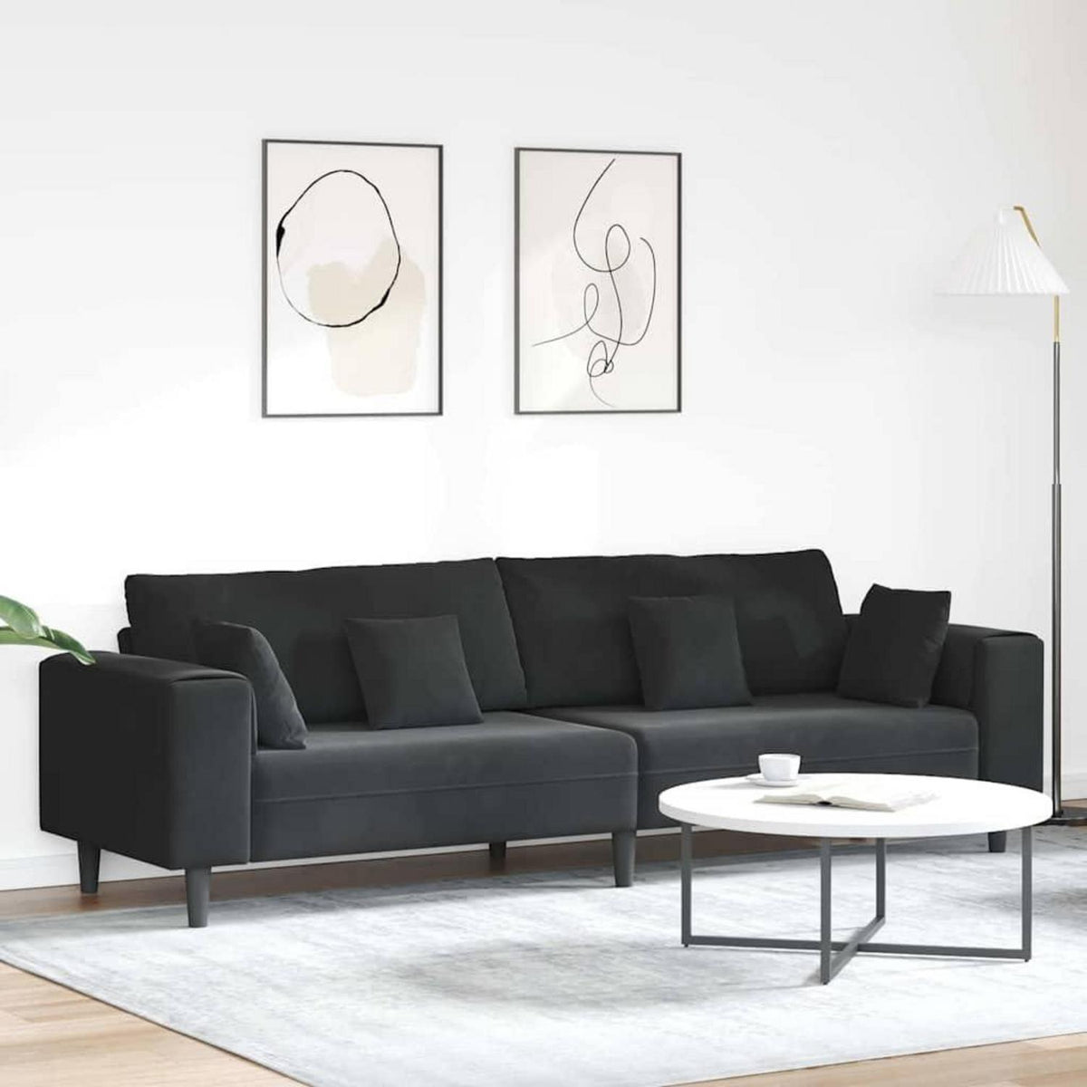 Samt Sofa Schwarz 208 cm – Modernes Polstersofa mit Kissen