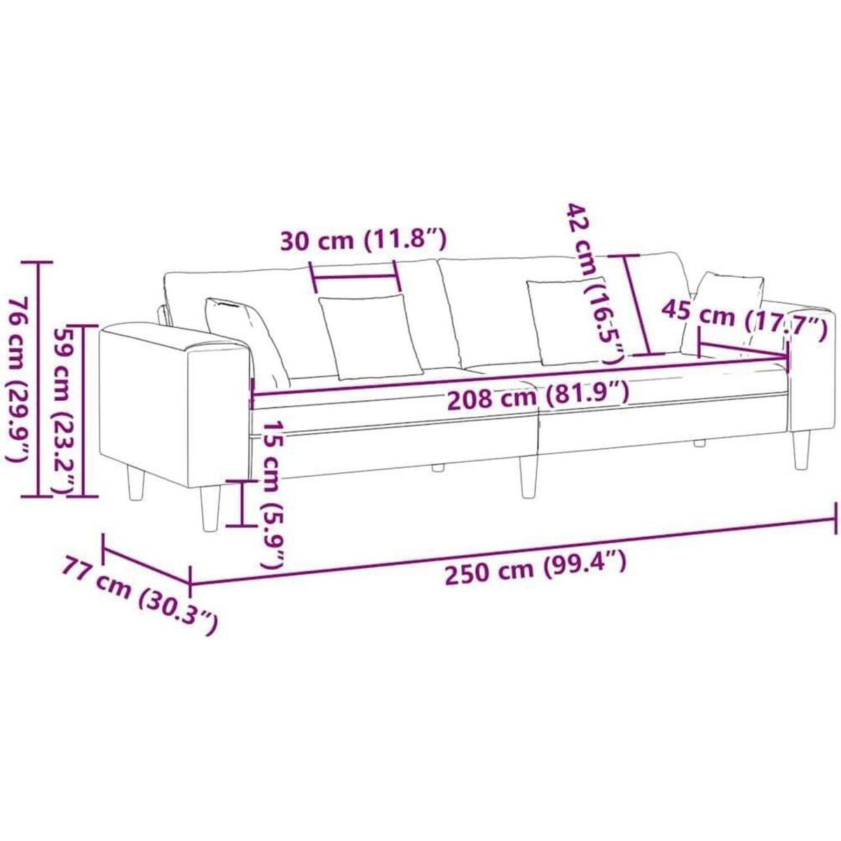 Samt Sofa Schwarz 208 cm – Modernes Polstersofa mit Kissen