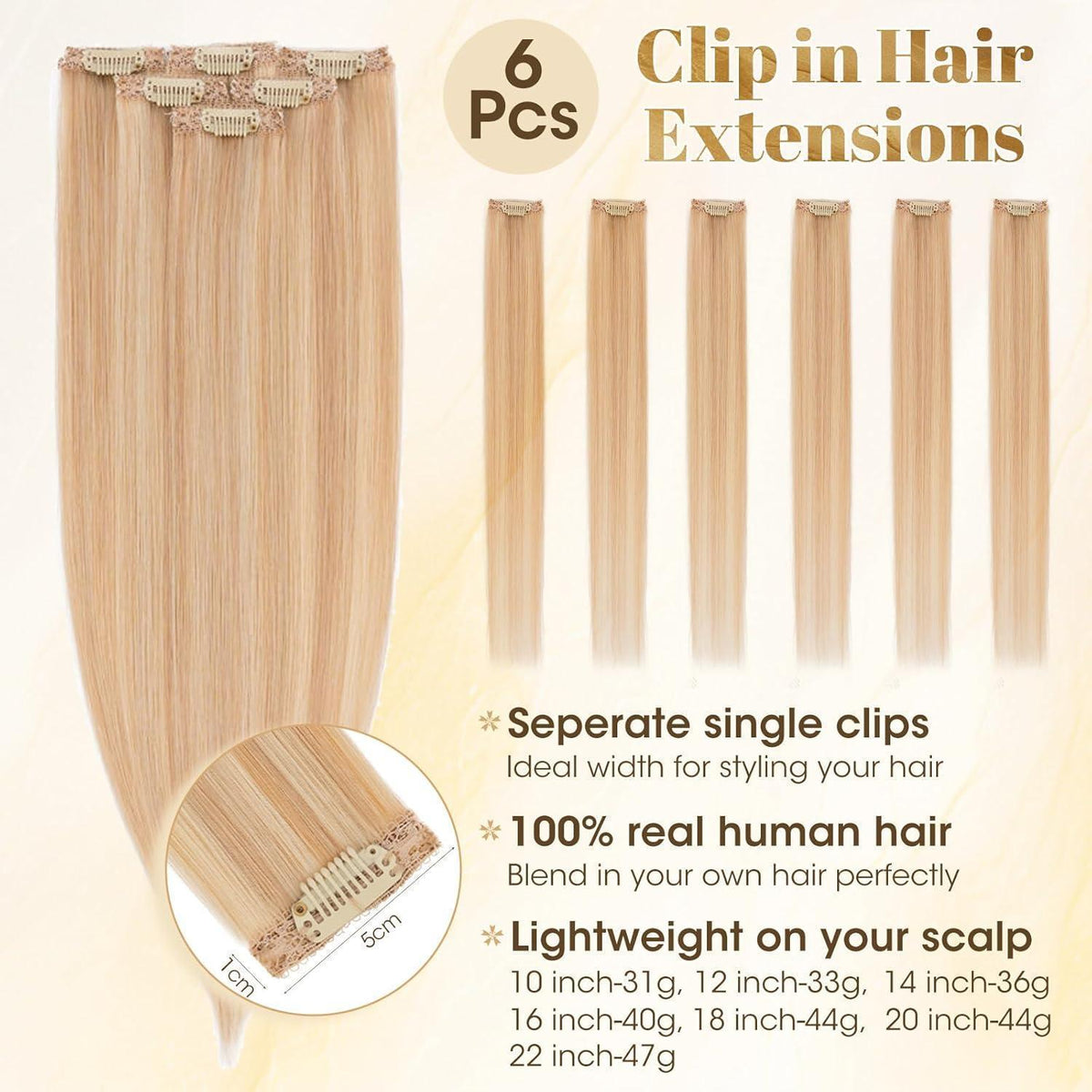 Blond Clip-in Echthaar Extensions 35cm #18/613 Balyage