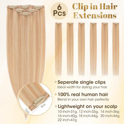 Blond Clip-in Echthaar Extensions 35cm #18/613 Balyage