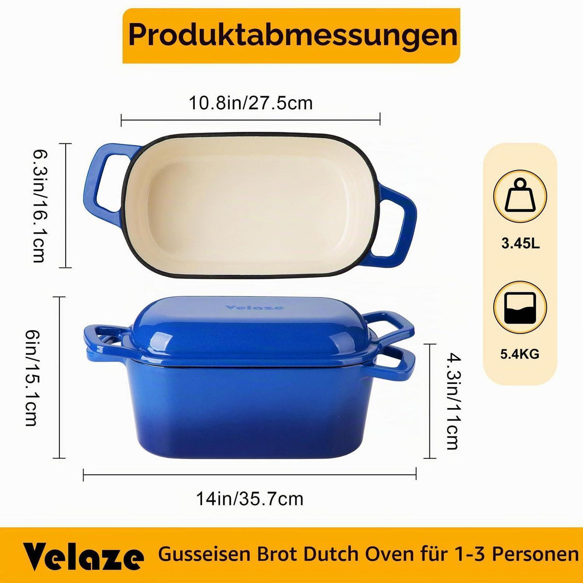 Gusseisen Bräter mit Deckel – 28cm, 3,4L, Schwarz Blau