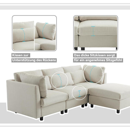 Modernes 3-Sitzer Sofa mit Fußhocker & Schlaffunktion, Beige
