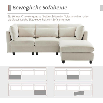 Modernes 3-Sitzer Sofa mit Fußhocker & Schlaffunktion, Beige