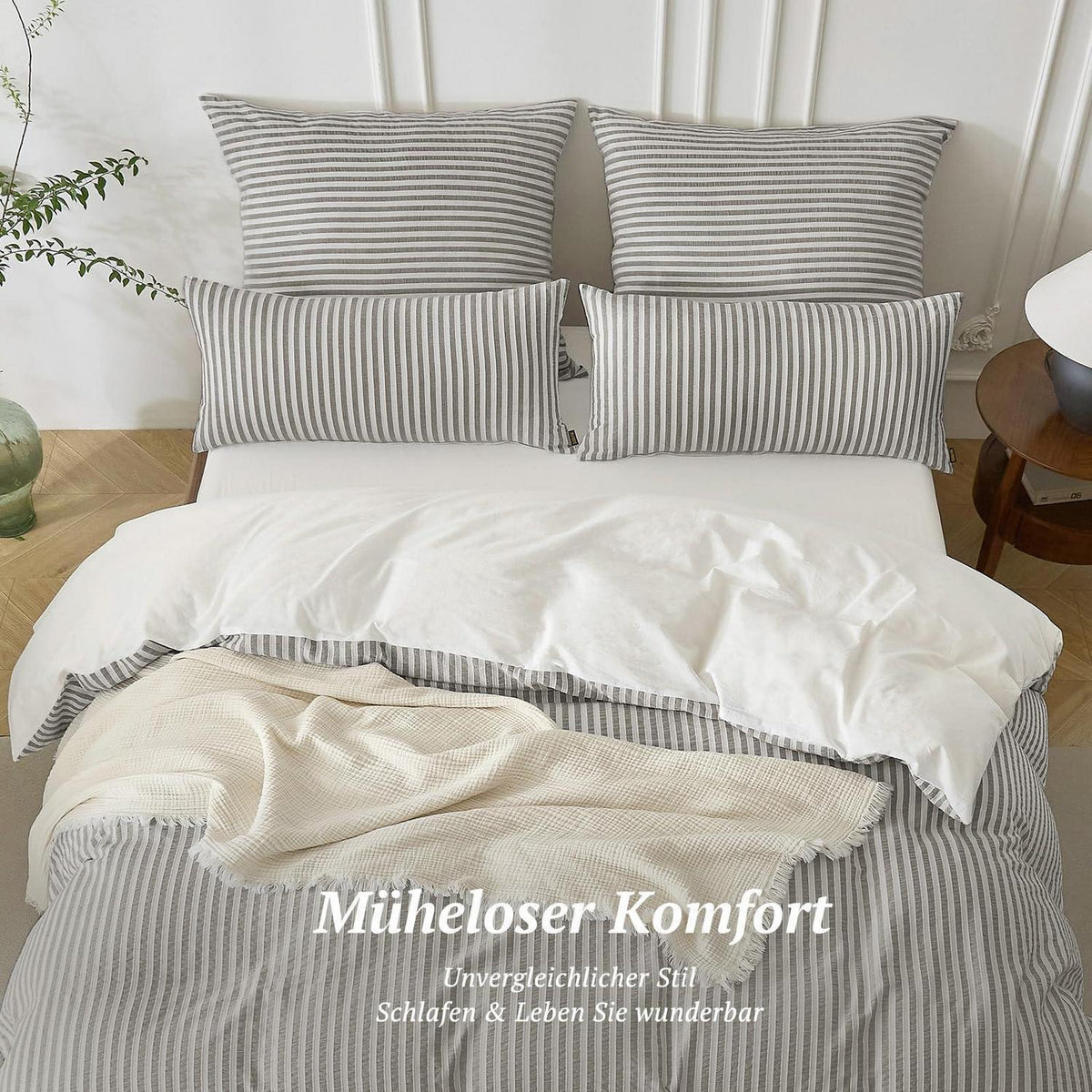 Bettwäsche-Set 135x200 Baumwolle Gestreift Kaffee & Weiß 4tlg.