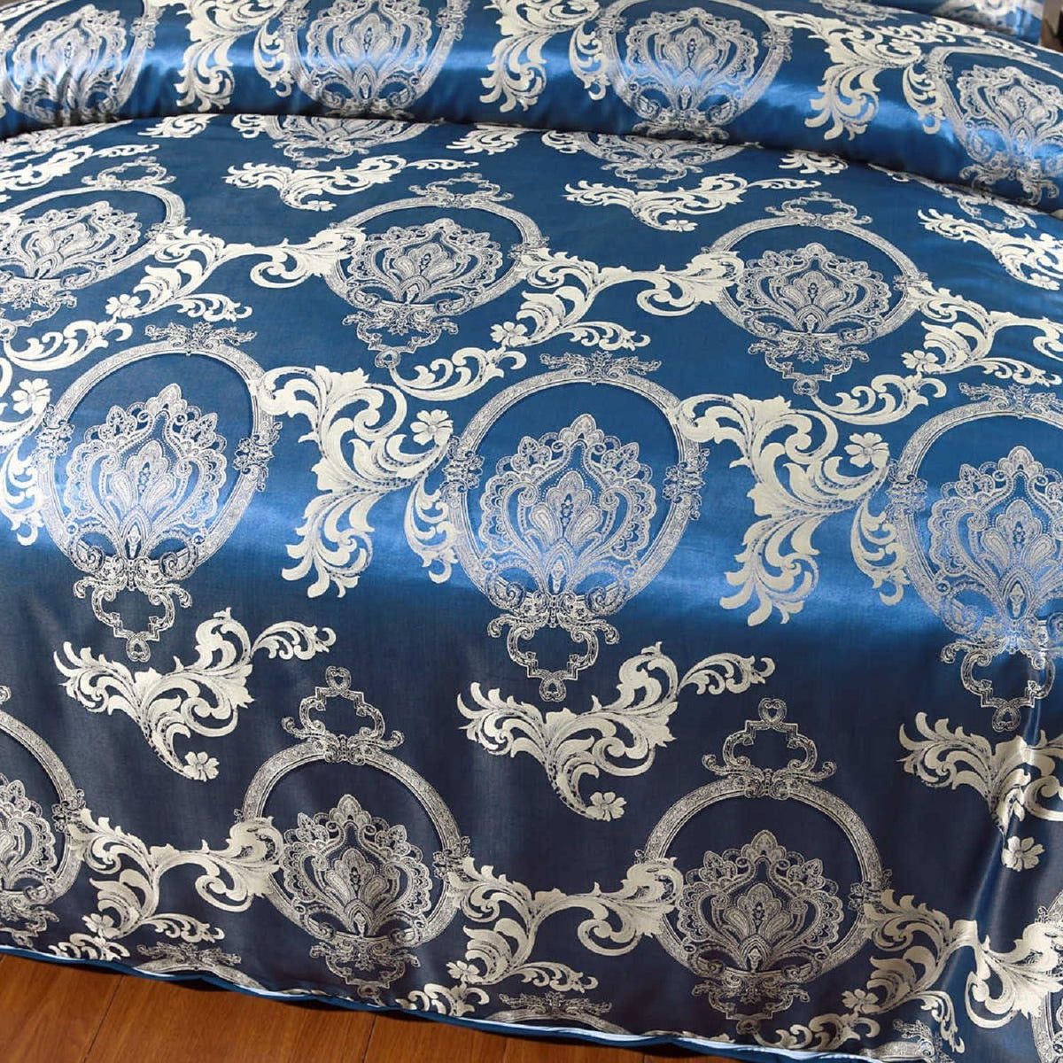 Satin Bettwäsche Set 135x200 Blau 4tlg. Retro Luxus