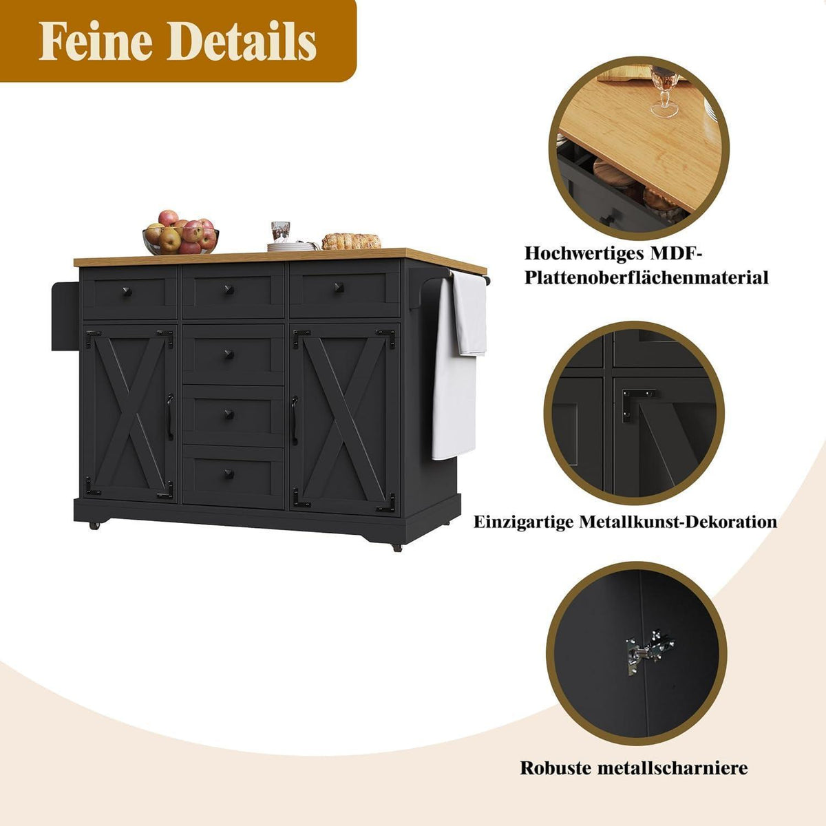 Klappbarer Servierwagen mit Stauraum & Holzoptik – Schwarz